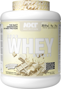 NXT Nutrition Pure Whey Deluxe protein powder tub, white chocolate Bellissimo flavor