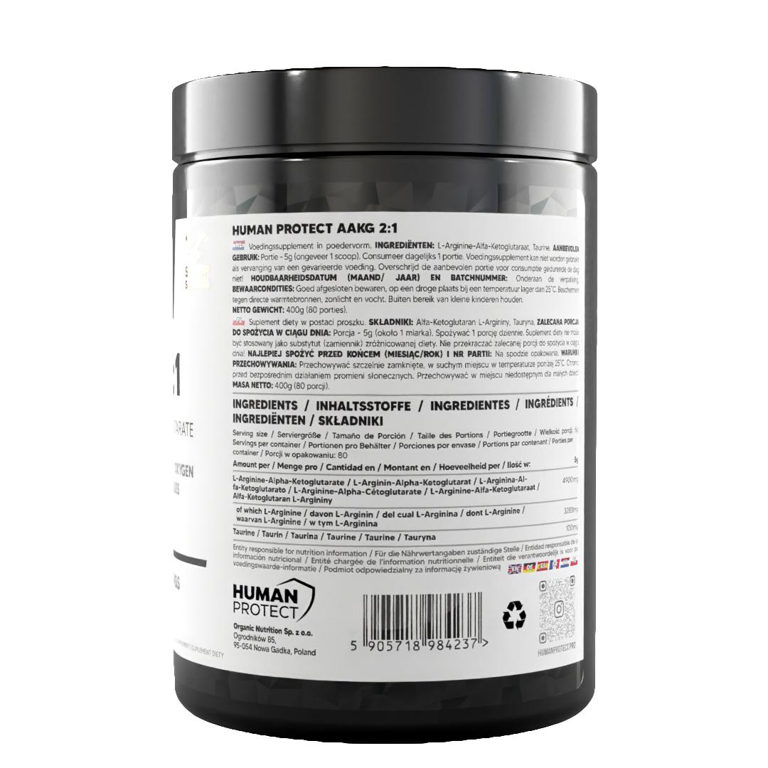AAKG 2:1 supplement tub, back panel with barcode and ingredient list