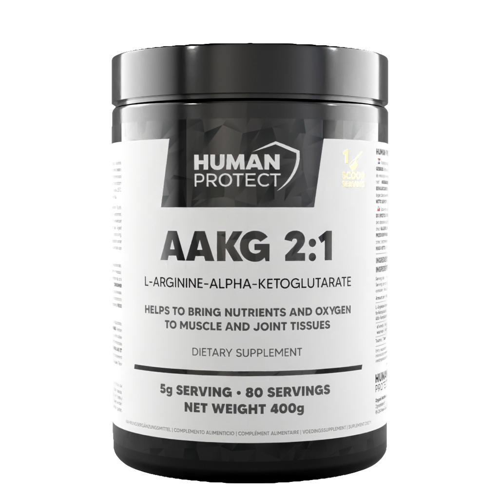 Dietary supplement jar with label text "AAKG 2:1"