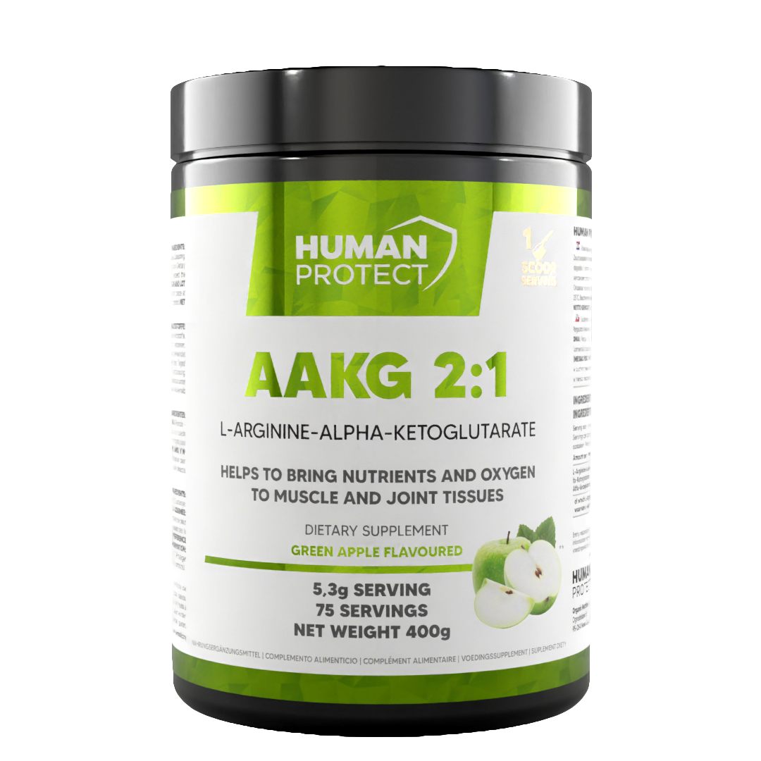 AAKG 2:1 400g supplement jar front label, green apple flavour