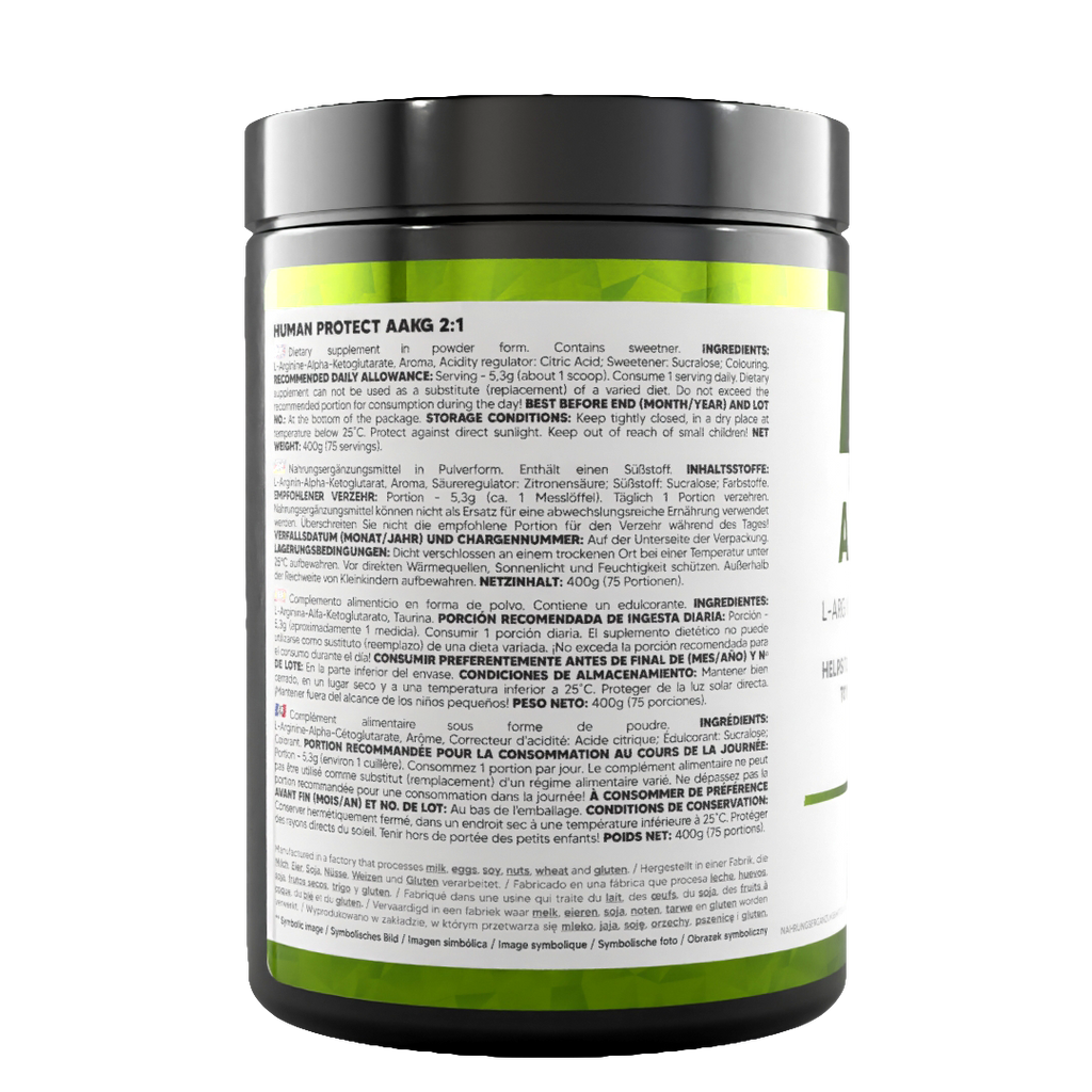 AAKG 2:1 400g jar back label with usage directions and ingredients list