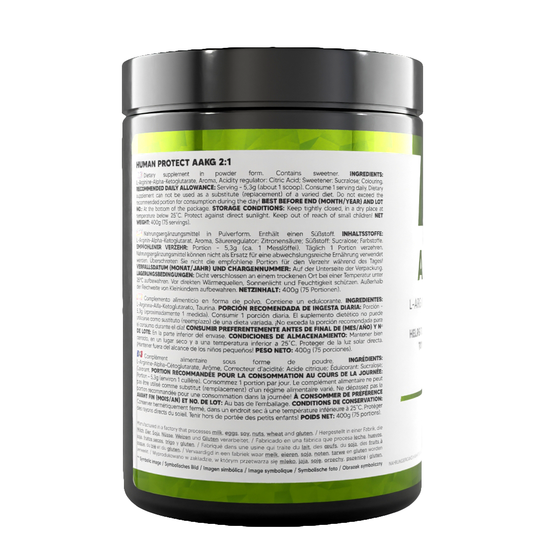 AAKG 2:1 400g jar back label with usage directions and ingredients list