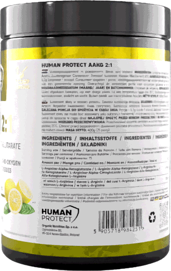 Nahrungsergänzungsmittel-Glas AAKG 2:1, 400 g; Rückseite mit Inhaltsstoffen & Barcode.
