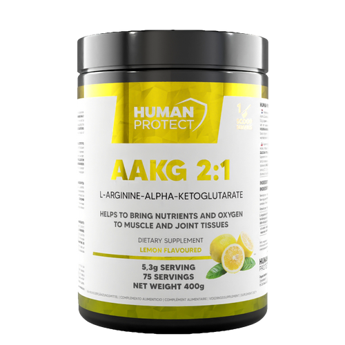 Nahrungsergänzungsmittel-Glas AAKG 2:1, Zitronen-Aroma, 400 g; Vorderetikett.