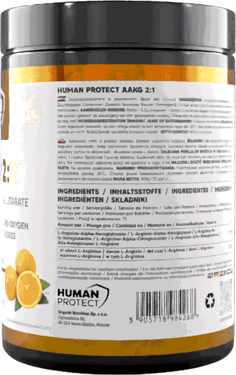 Nahrungsergänzungs-Dose mit Zutaten- und Nährwertangaben, orange Akzent, silberner Deckel