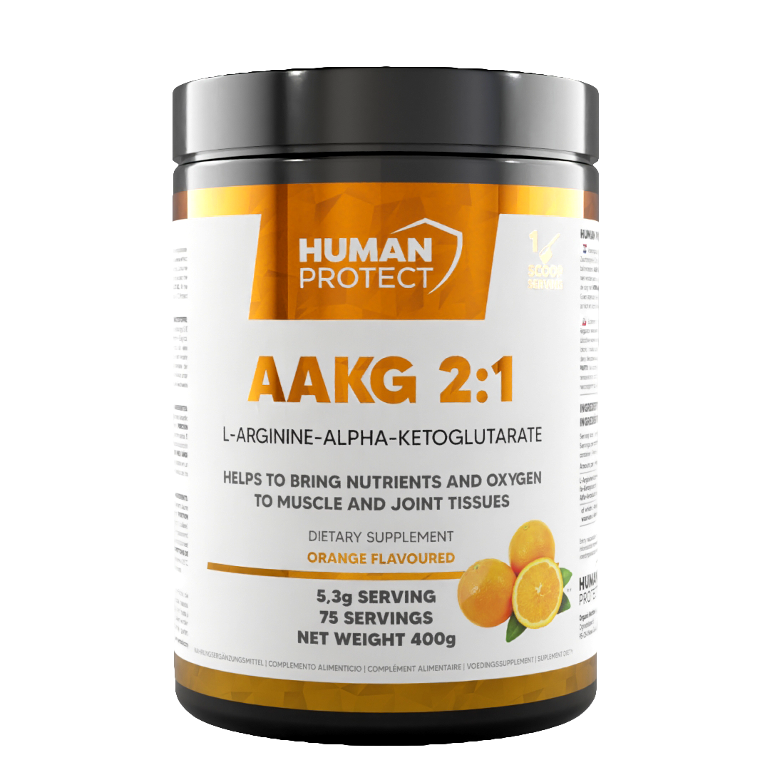 AAKG 2:1 jar front label, orange flavor, L-arginine alpha-ketoglutarate