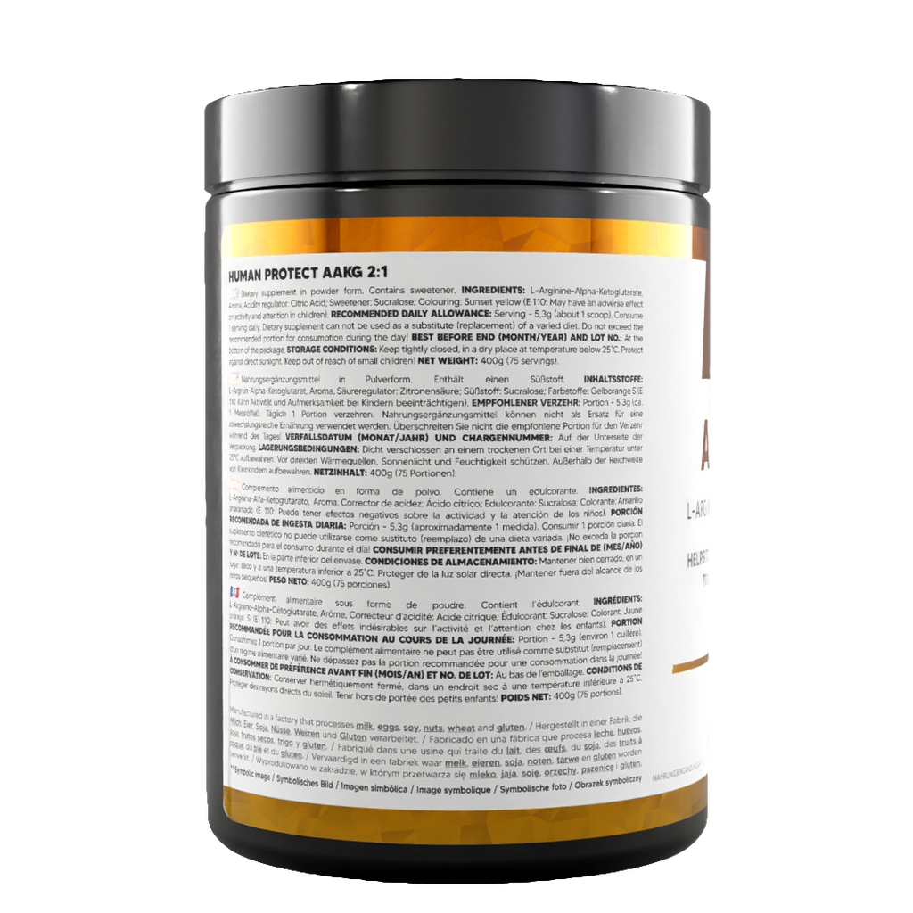 AAKG 2:1 jar back label with directions, storage info and ingredient list