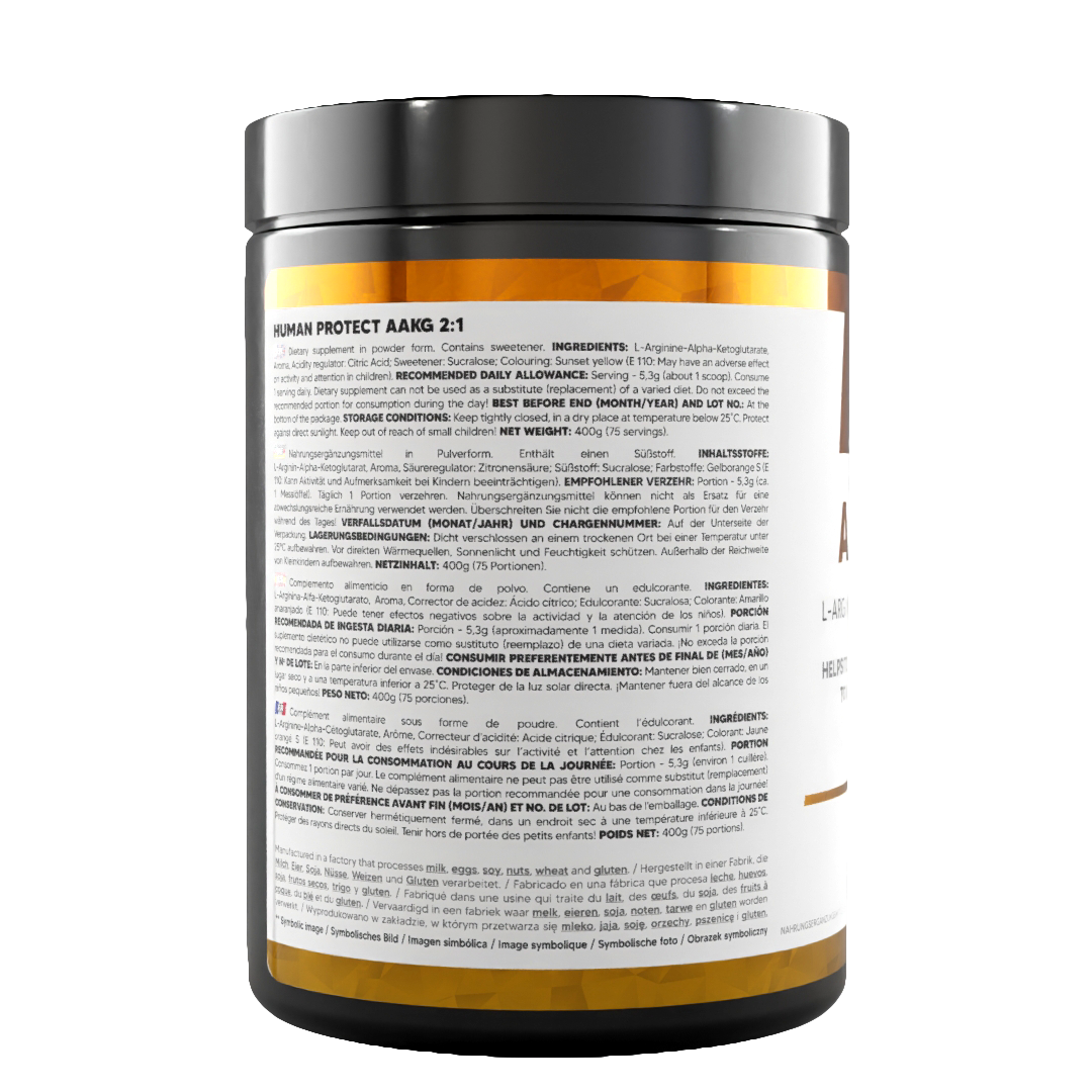 AAKG 2:1 jar back label with directions, storage info and ingredient list