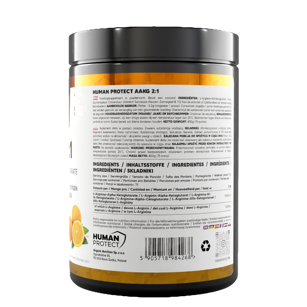 AAKG 2:1 jar back label with barcode and nutrition/ingredient details