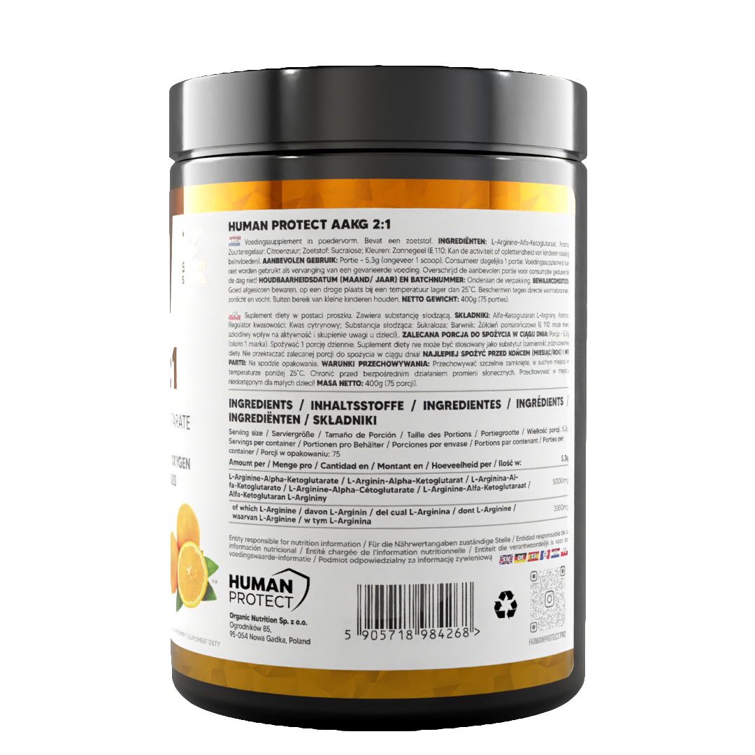 AAKG 2:1 jar back label with barcode and nutrition/ingredient details