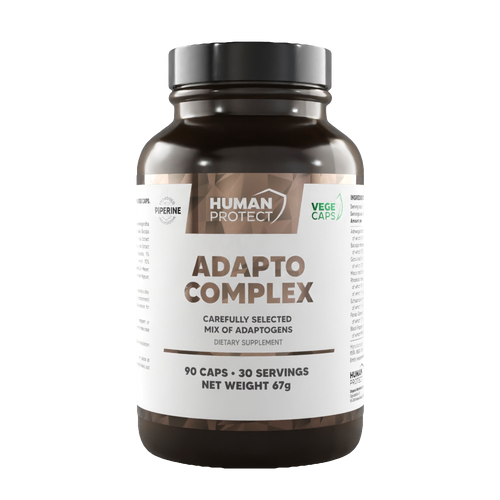 Kapseldose mit silbernem Deckel, Aufdruck „Adapto Complex“ und 90 Kapseln