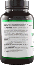 Human Protect Ashwagandha High Dose: Rücketikett mit Zutatenliste und 90 Kapseln