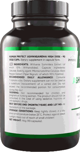 Ashwagandha-Kapseln im dunklen Schraubfläschchen mit grüner Inhaltsstoff-Label