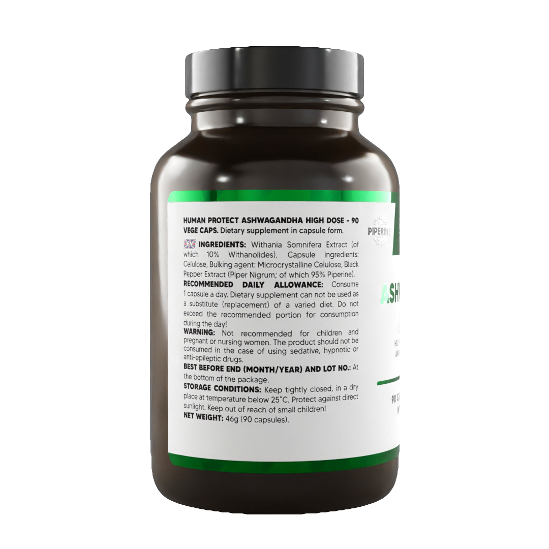 Ashwagandha High Dose Rückansicht mit Best-By/Herstellerhinweisen
