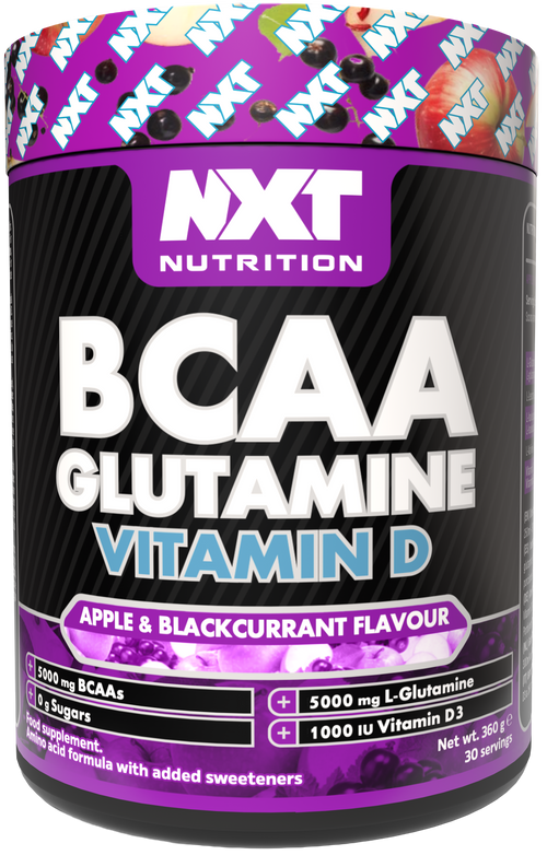 Nahrungsergänzungspulver-Dose, Vorderseite mit BCAA/Glutamin/Vitamin D, Apfel & schwarze Johannisbeere