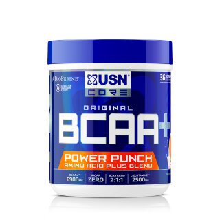 BCAA-Dose mit blauem Deckel und blauem Etikett, mit Power-Punch-Logo