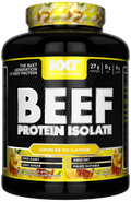 Beef-Protein-Isolat Lemon-Ice-Tea im schwarzen Behälter mit gelbem Etikett