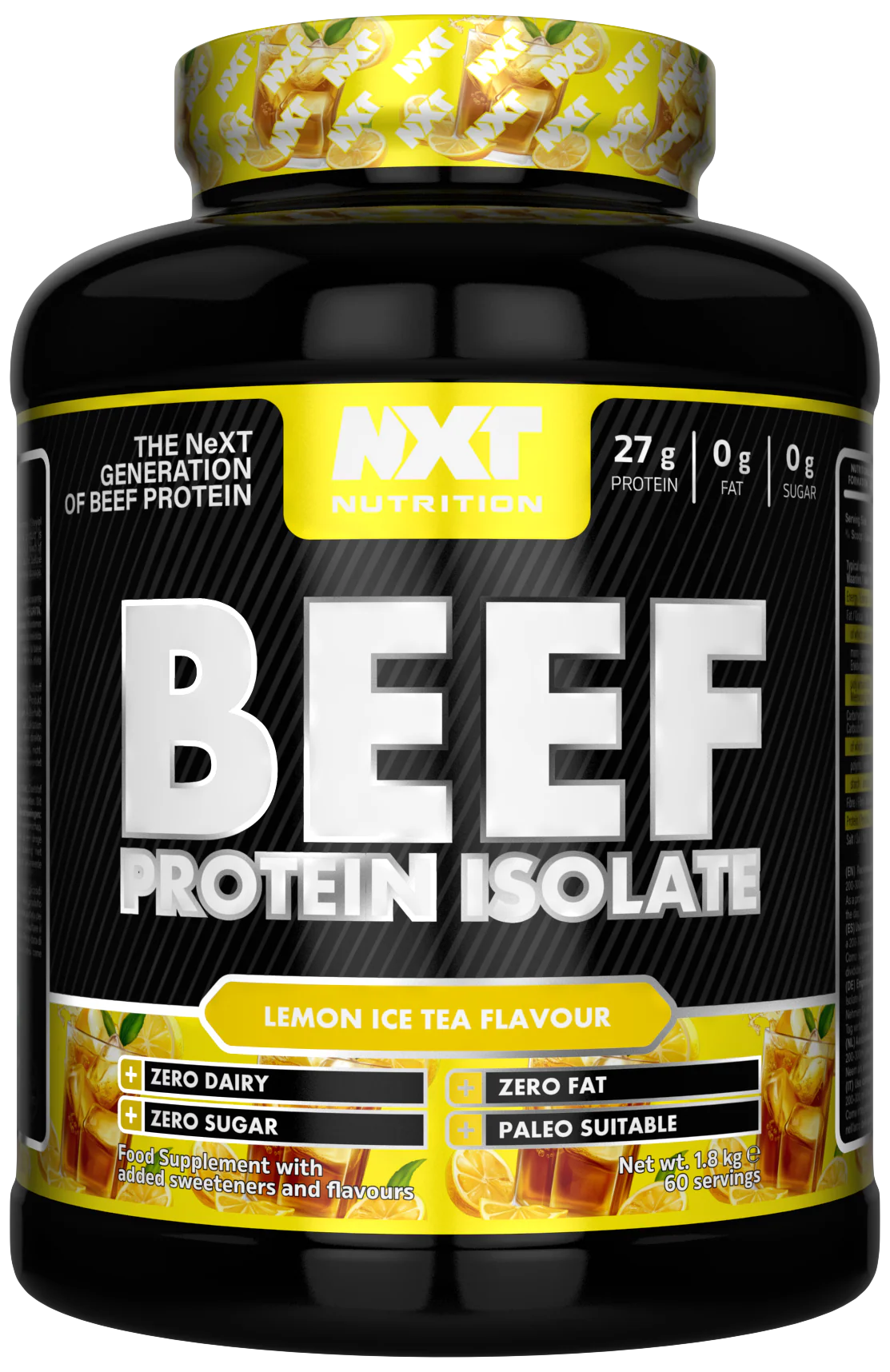Beef-Protein-Isolat Lemon-Ice-Tea im schwarzen Behälter mit gelbem Etikett