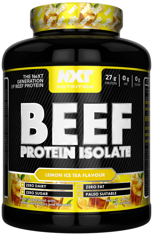 Beef-Protein-Isolat Lemon-Ice-Tea im schwarzen Behälter mit gelbem Etikett