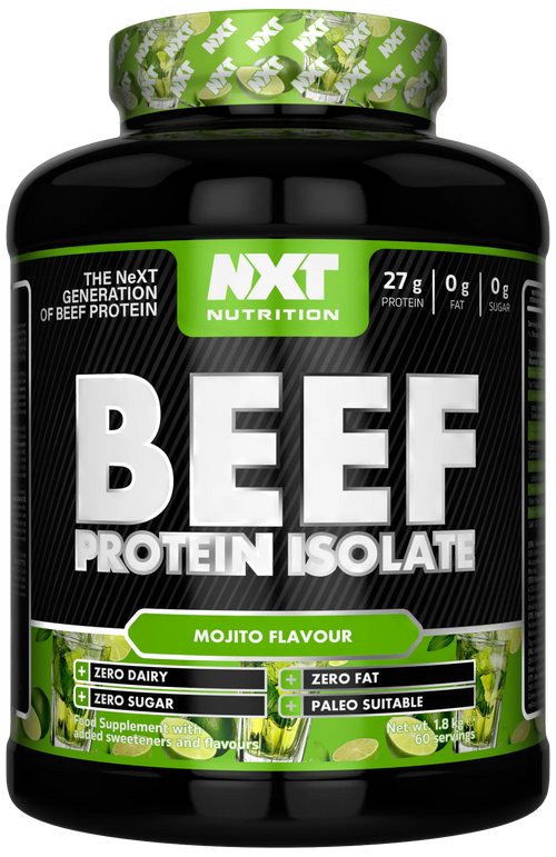 Runde Dose Beef Protein Isolat Mojito, grün-schwarzes Etikett, 1,8 kg