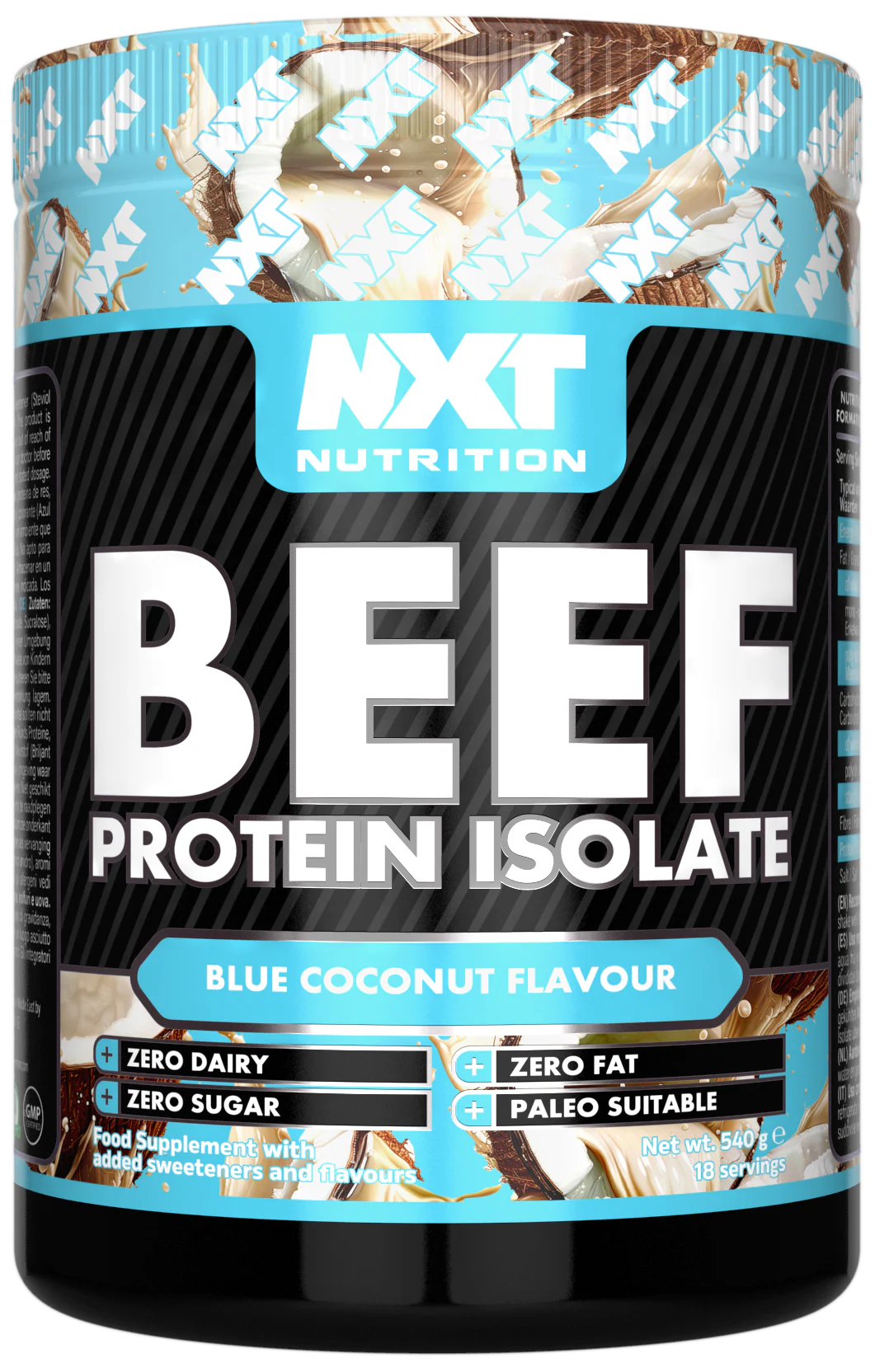 Beef Protein Isolate 540g, Blue Coconut flavour tub