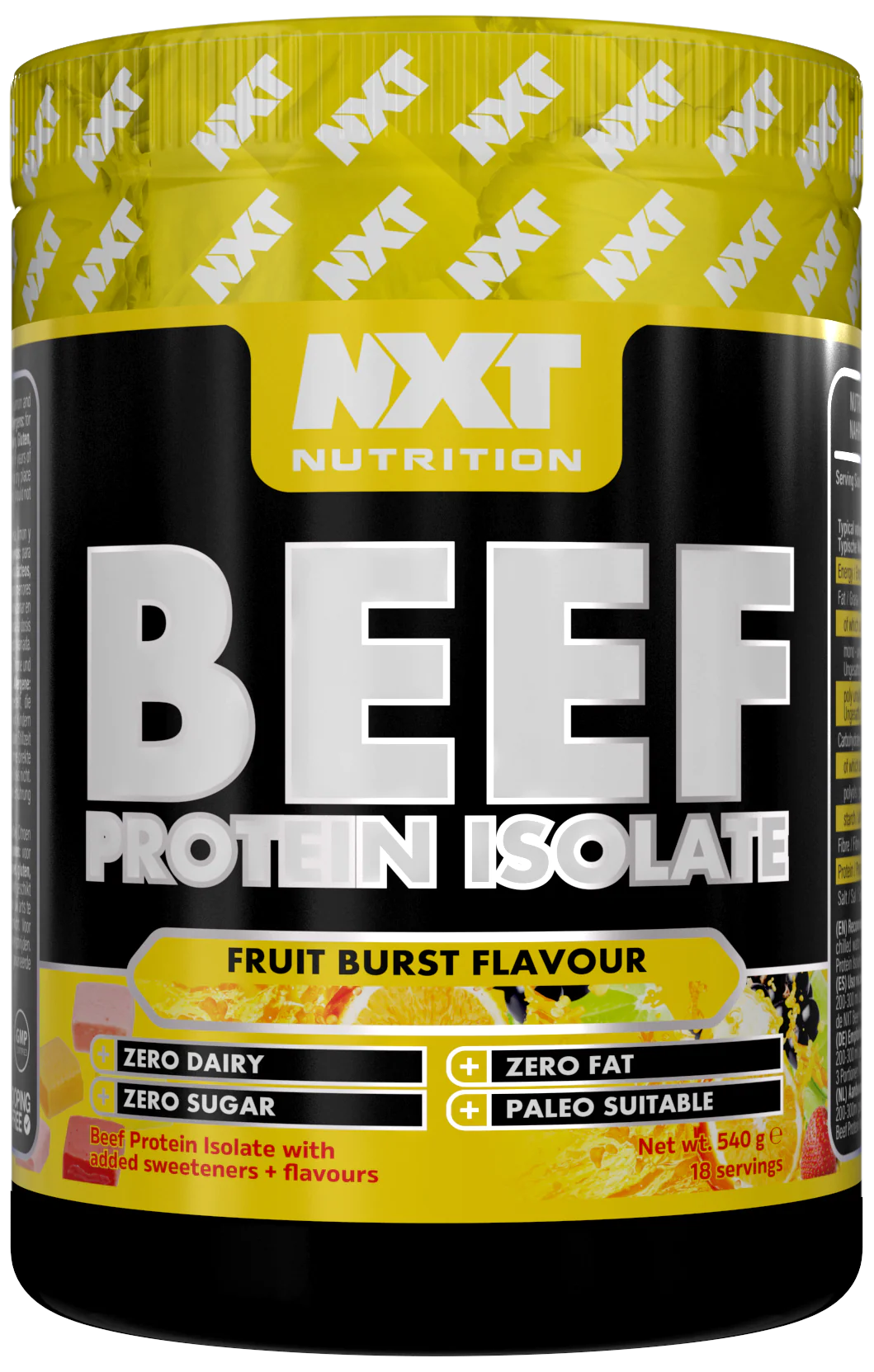 Beef Protein Isolate 540g tub, Fruit Burst flavor label, zero sugar and zero fat