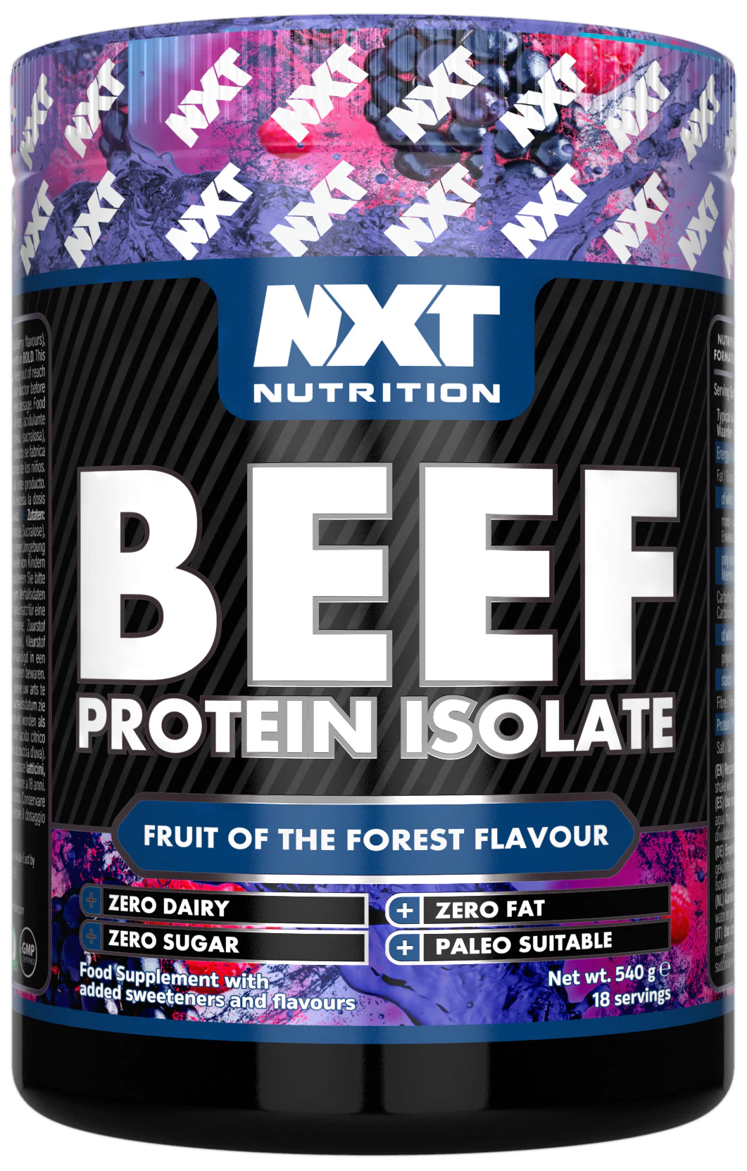 NXT Nutrition Beef-Protein-Isolat 540 g, Dose mit Fruit-of-the-Forest-Aroma-Angabe