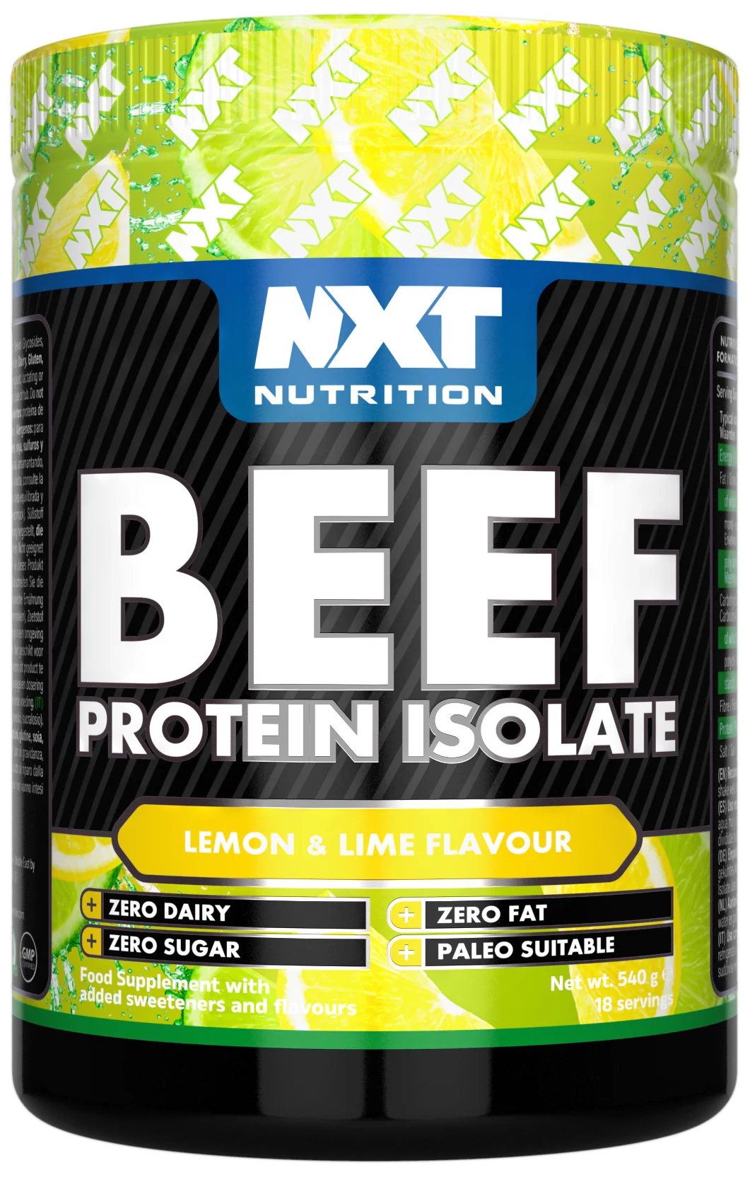 NXT Nutrition Beef Protein Isolat 540 g, Lemon & Lime Flavour, gelb-grüner Deckel
