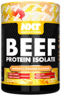 Rindprotein-Isolat-Dose mit Mango-&-Orange-Geschmack, gelb-weißes Etikett auf Schwarz