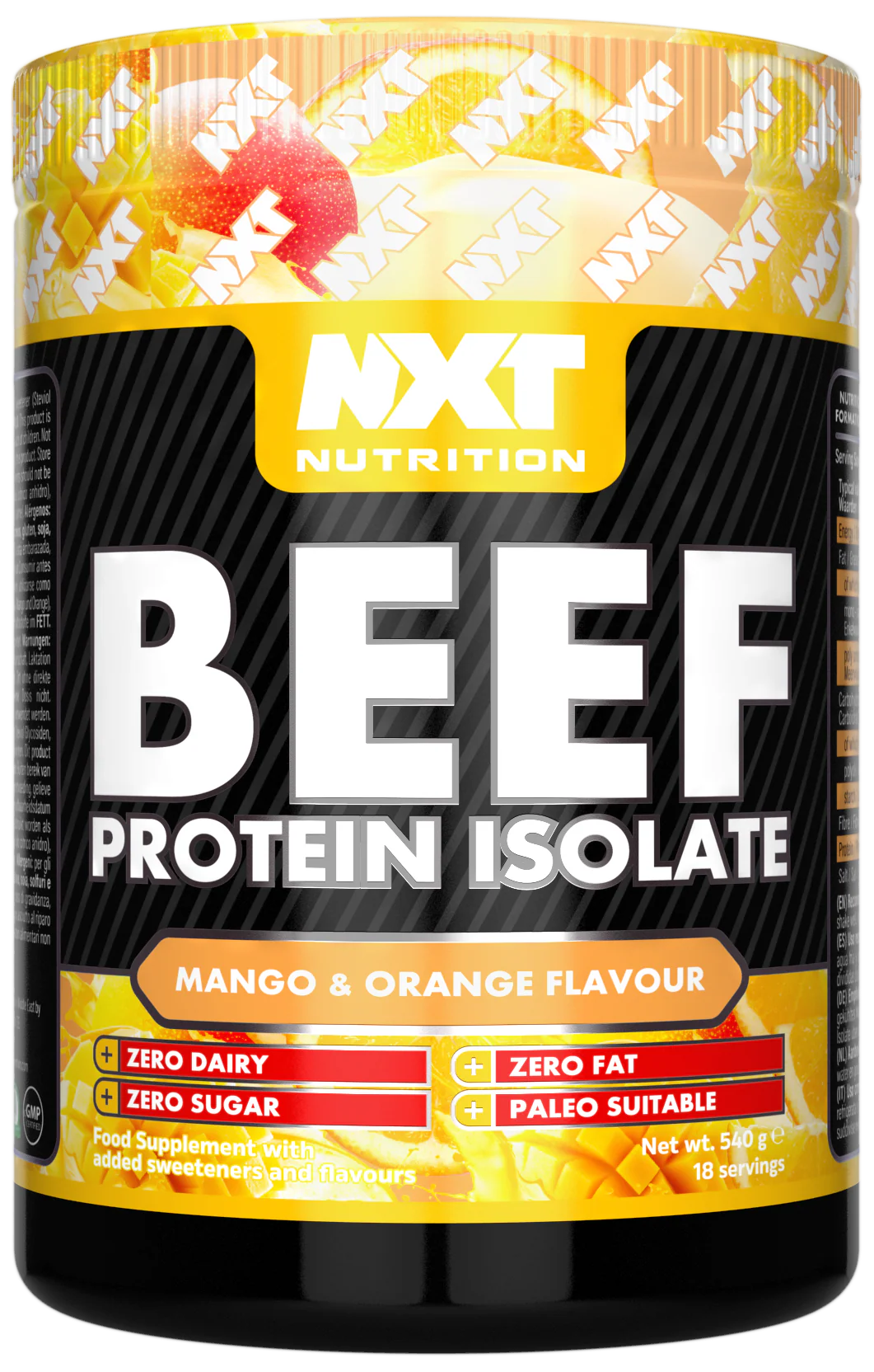 Rindprotein-Isolat-Dose mit Mango-&-Orange-Geschmack, gelb-weißes Etikett auf Schwarz