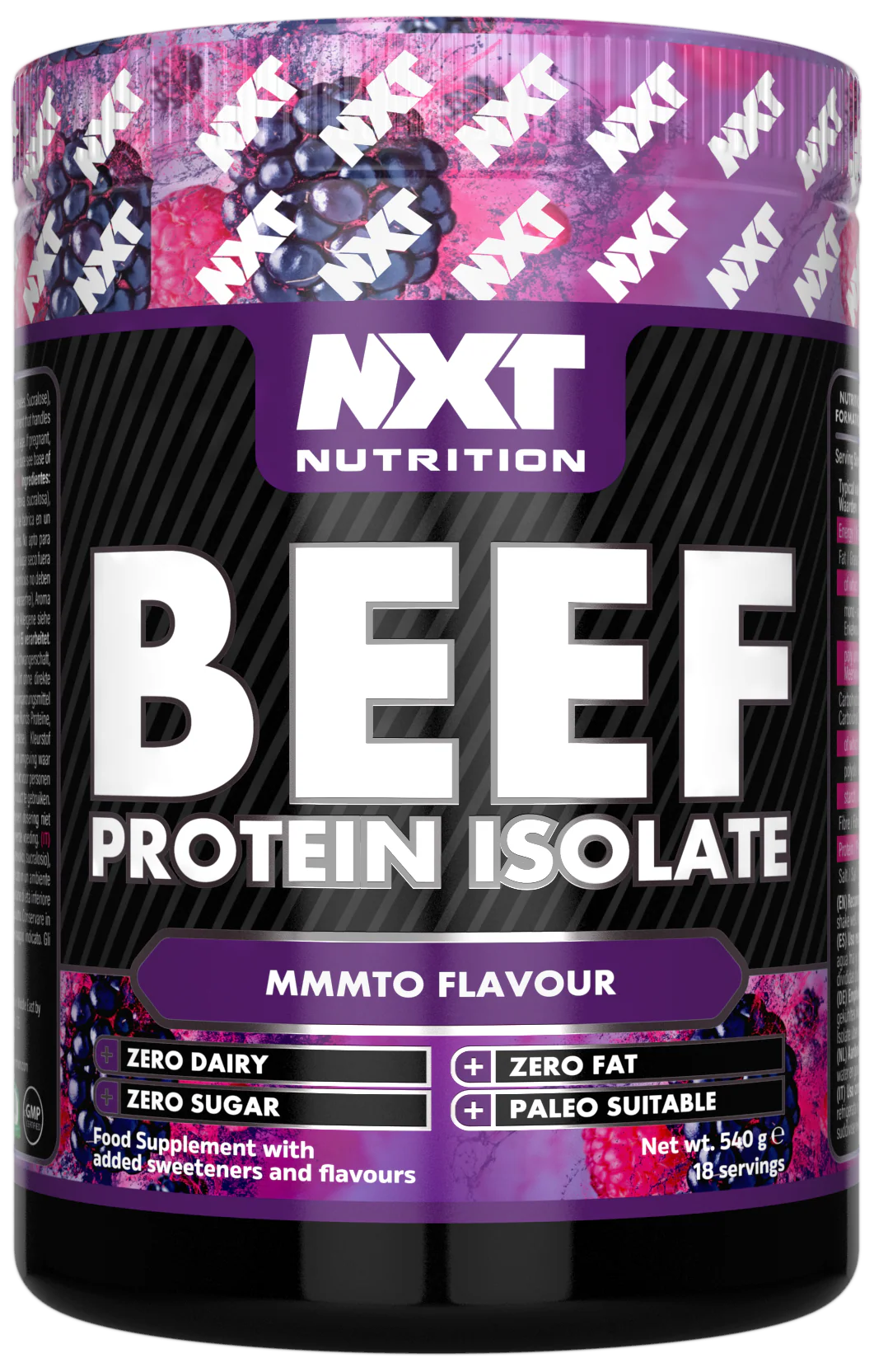 NXT Nutrition Beef Protein Isolate 540 g, violetter Becher mit Mmmto-Flavor-Aufdruck