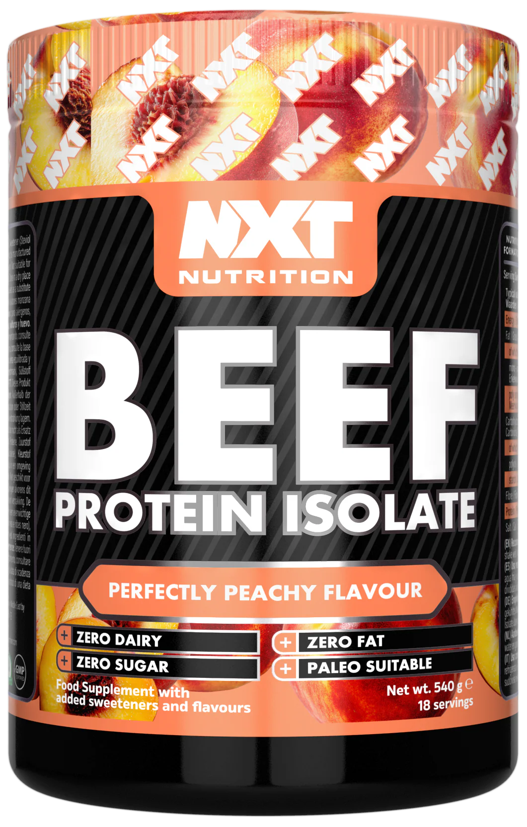 NXT Nutrition Rind-Protein-Isolat Dose, Perfectly Peachy, 540 g, mit Nährwert-Highlights
