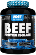 Rind-Protein-Isolat-Dose mit blauem Etikett und „Blue Raspberry“-Hinweis