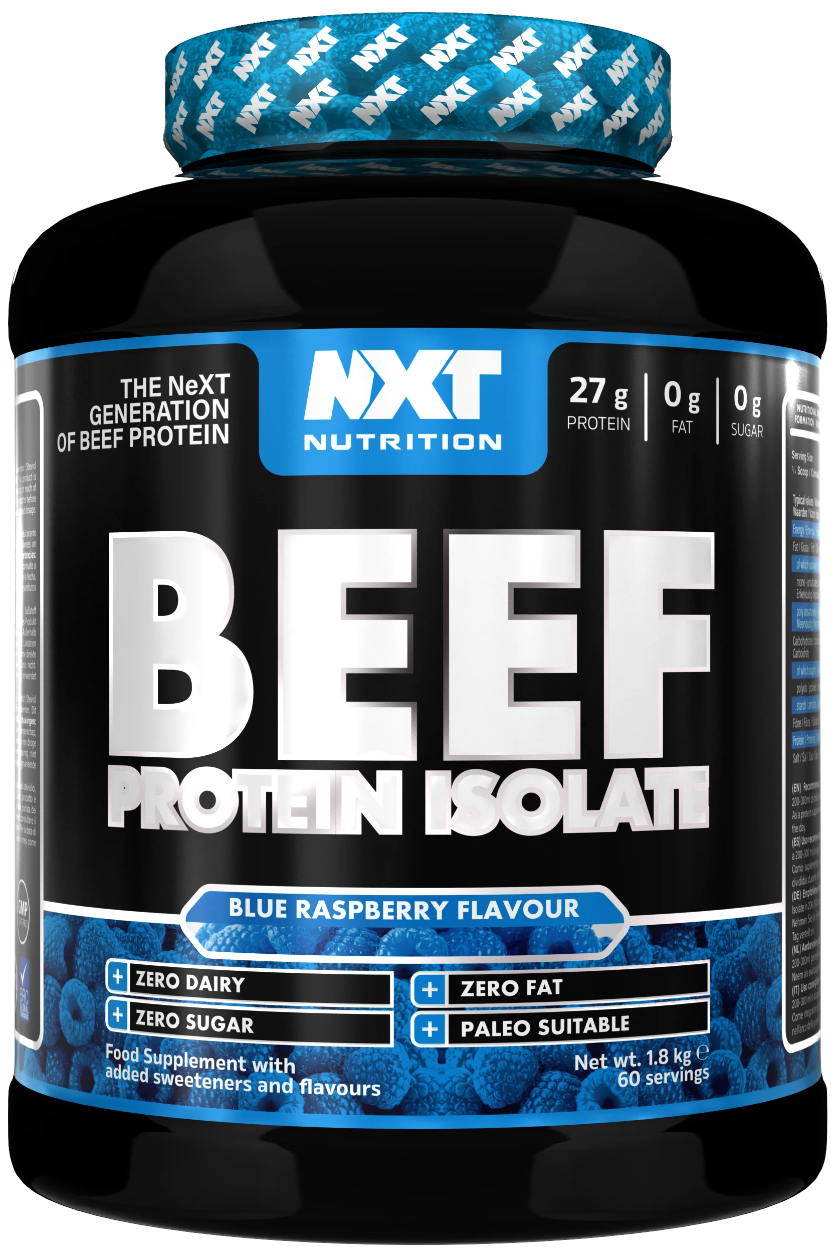Rind-Protein-Isolat-Dose mit blauem Etikett und „Blue Raspberry“-Hinweis