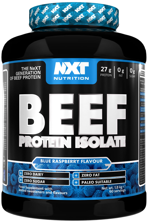Rind-Protein-Isolat-Dose mit blauem Etikett und „Blue Raspberry“-Hinweis