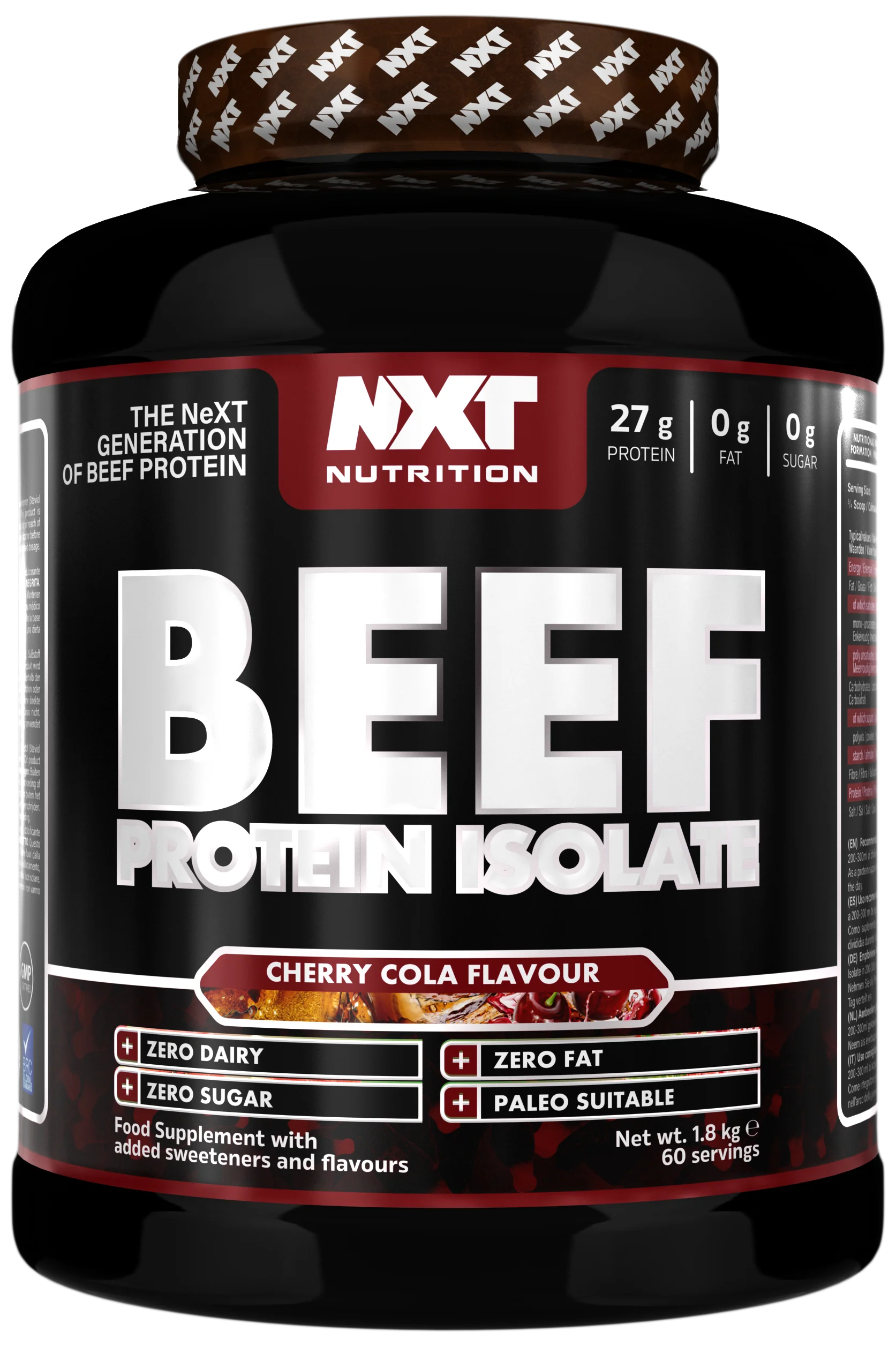NXT Nutrition Beef Protein Isolate 1.8kg tub, Cherry Cola flavor, front label