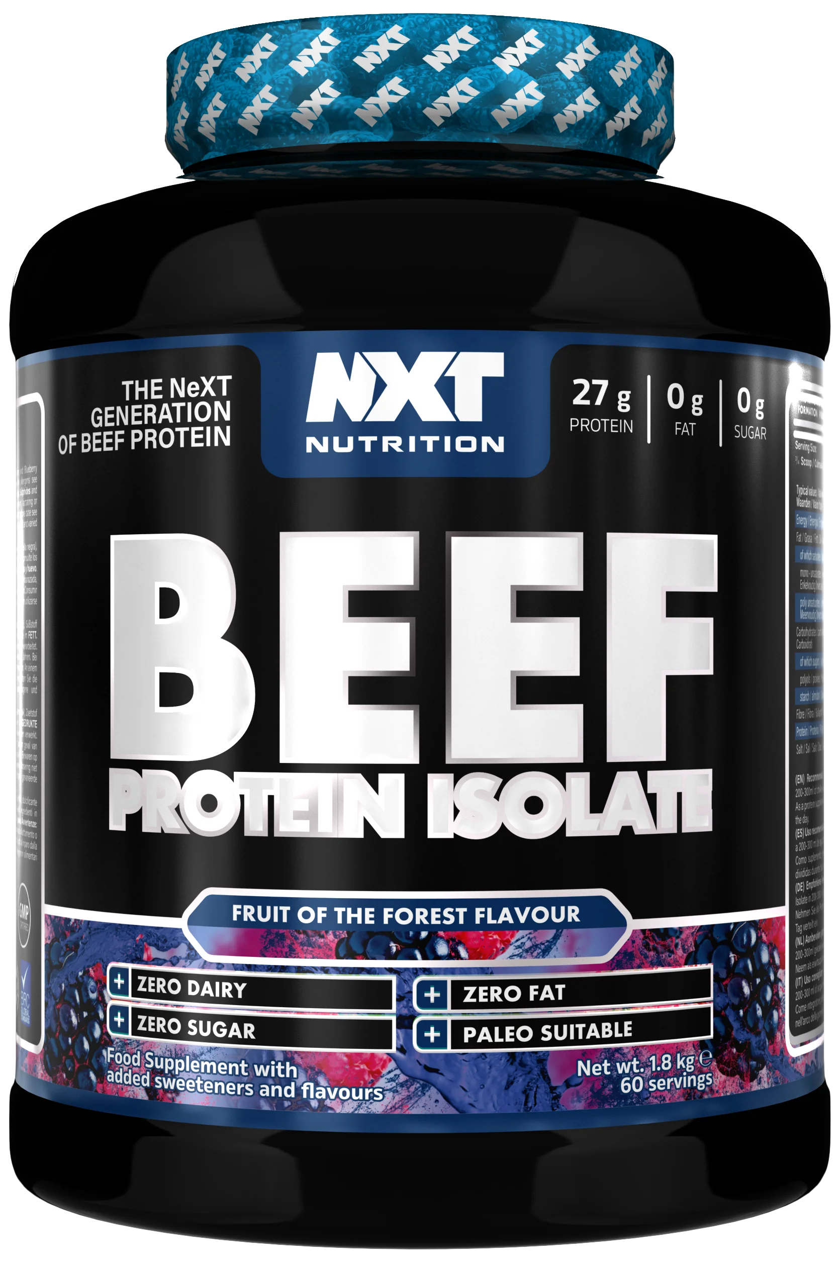 Beef-Protein-Isolat, schwarze Dose mit blauem Aufdruck und Fruit-of-the-Forest-Geschmack, 1,8 kg