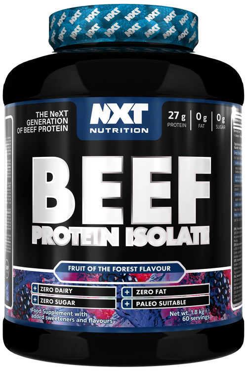 Beef-Protein-Isolat, schwarze Dose mit blauem Aufdruck und Fruit-of-the-Forest-Geschmack, 1,8 kg
