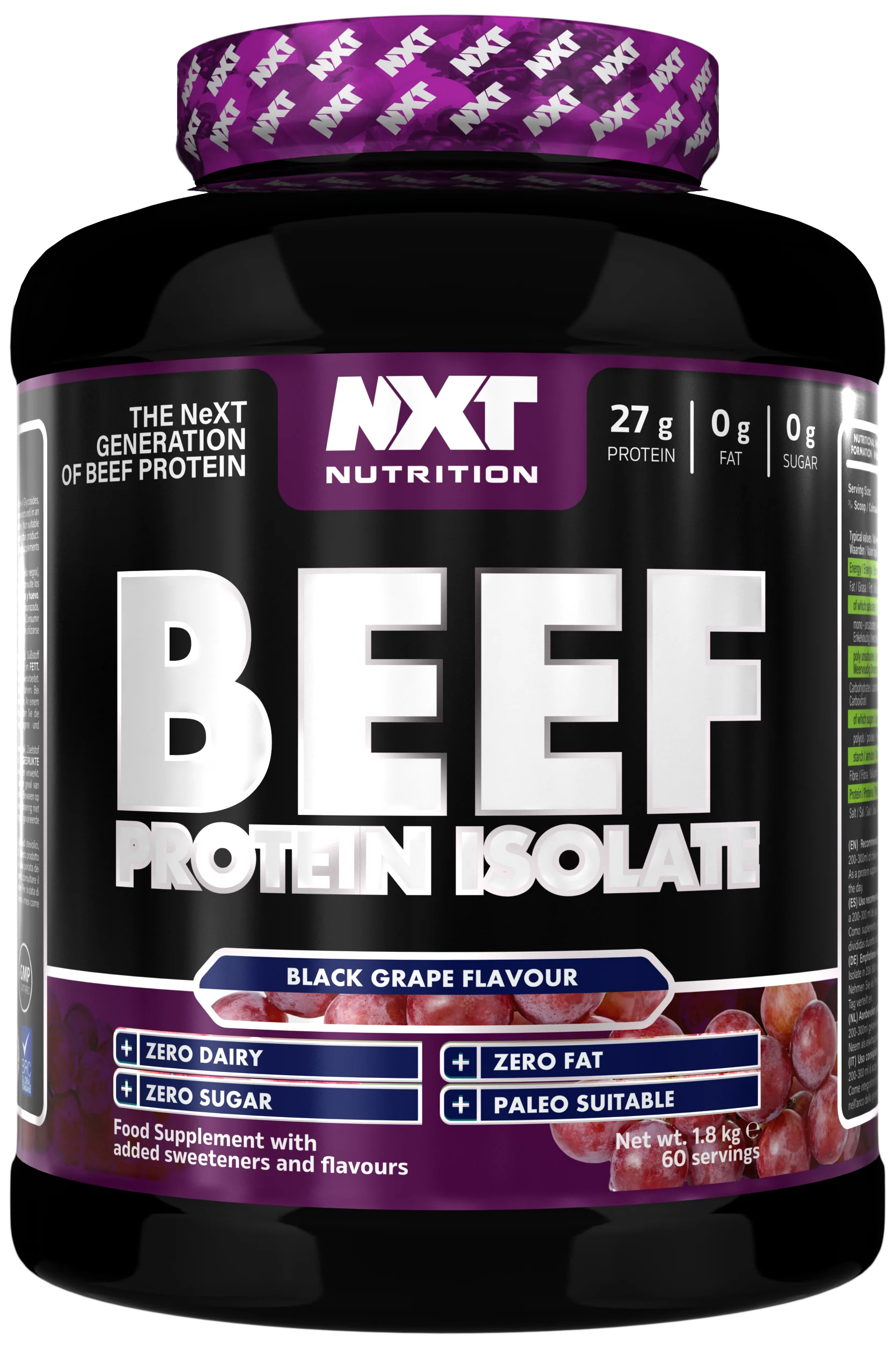 NXT Beef Protein Isolate 1,8 kg, Black Grape: schwarzer Proteinbehälter mit lila Label