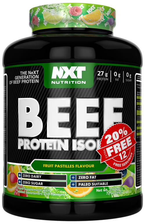 Rindprotein-Isolat im grünen Kunststoffbecher mit „BEEF PROTEIN ISO“ und Fruit Pastilles