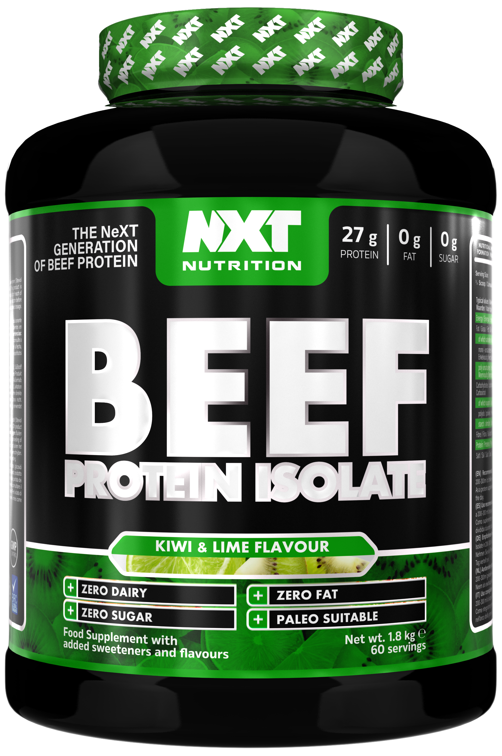 NXT Nutrition Beef Protein Isolate 1.8kg Kiwi & Lime tub, green/black label