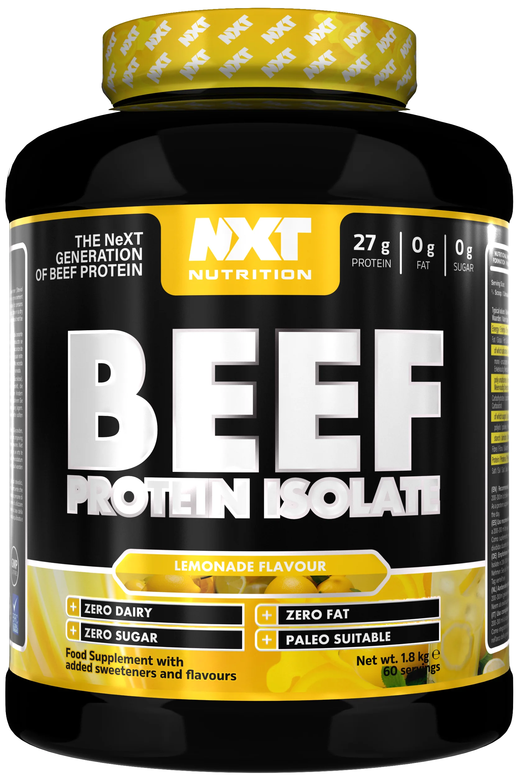 Beef Protein Isolate 1.8kg Lemonade, black-and-yellow protein tub by NXT Nutrition