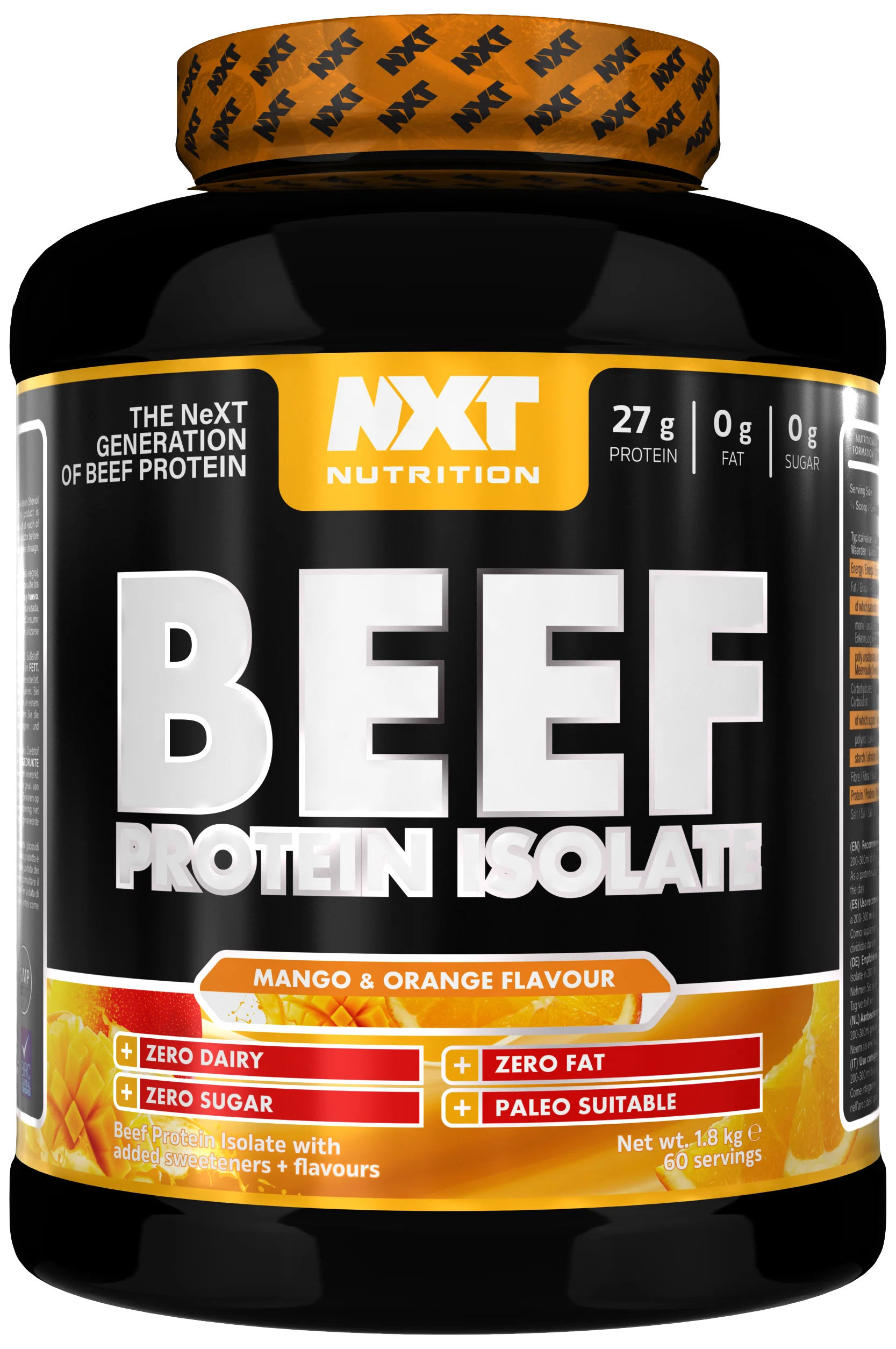 Beef-Protein-Isolat (1,8 kg) mit Mango-Orange-Geschmack, Dose
