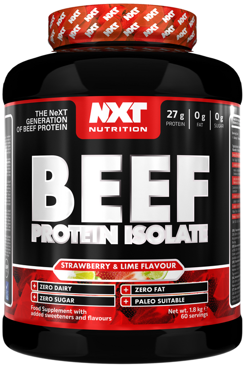 Rindprotein-Isolat-Dose (Erdbeere-Limette), schwarze und rote Verpackung