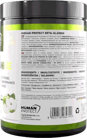 Human Protect Beta-Alanine 300g jar, back label with green apple flavor details