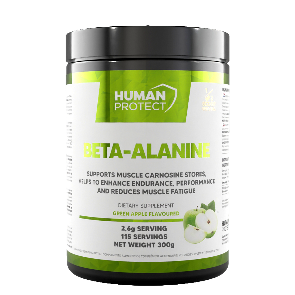 Human Protect Beta-Alanine 300g jar, front label with green apple flavor and servings
