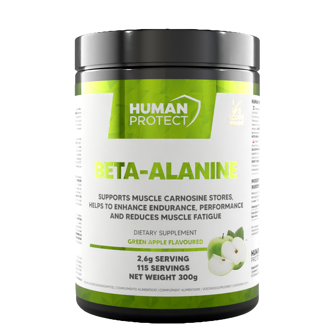 Human Protect Beta-Alanine 300g jar, front label with green apple flavor and servings