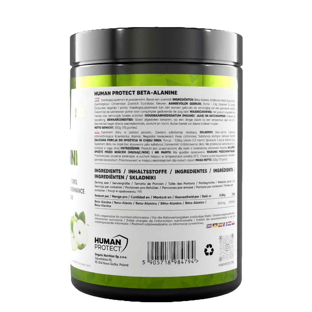 Beta-Alanine 300g jar, back label with ingredients list and barcode