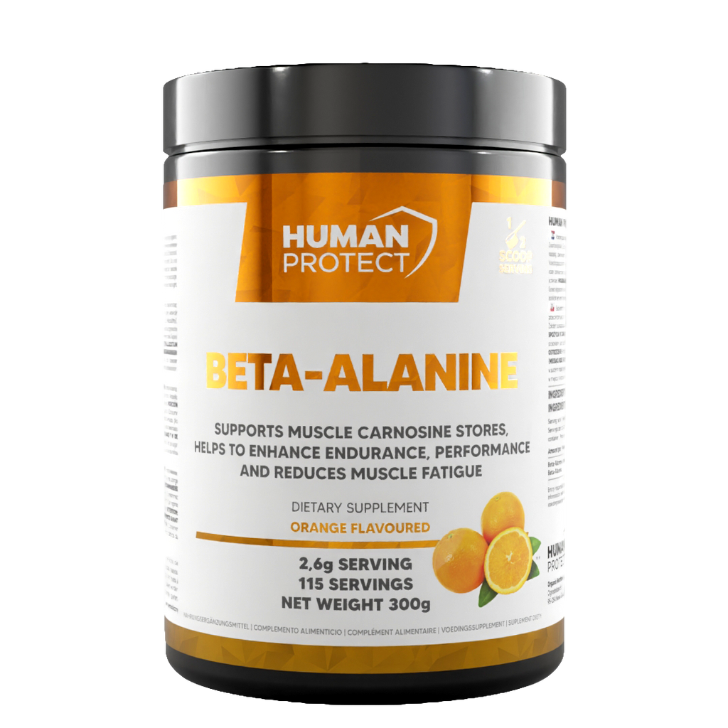 Beta-Alanine 300g orange-flavoured supplement tub, front label