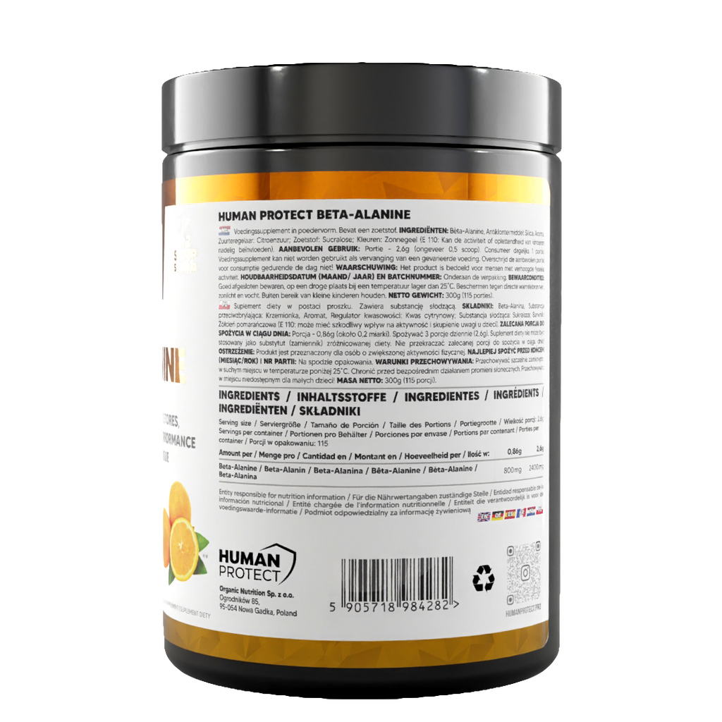 Beta-Alanine 300g orange tub, back panel with barcode and ingredient details